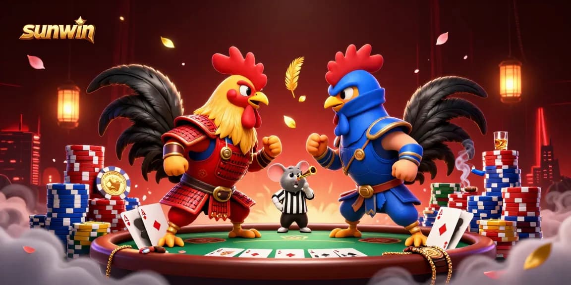 Experience thrilling gameplay with sunwin in this 3D illustration of cockfighting and poker action.