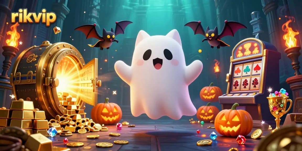 Experience the thrilling atmosphere of rikvip as a ghost cat and vampire bat explore a dynamic casino.