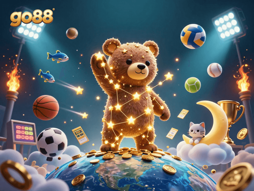 go88 showcases a constellation bear interacting with coin-filled elements in a vibrant casino scene.