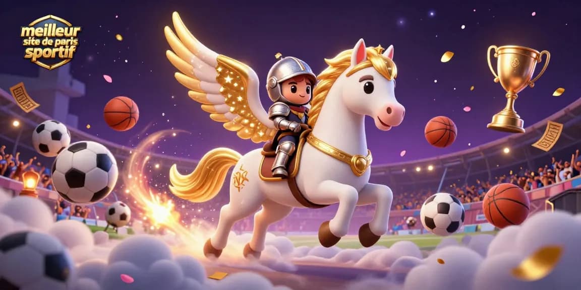 Illustration dynamique du meilleur site de paris sportif, avec un cheval céleste et des éléments sportifs.