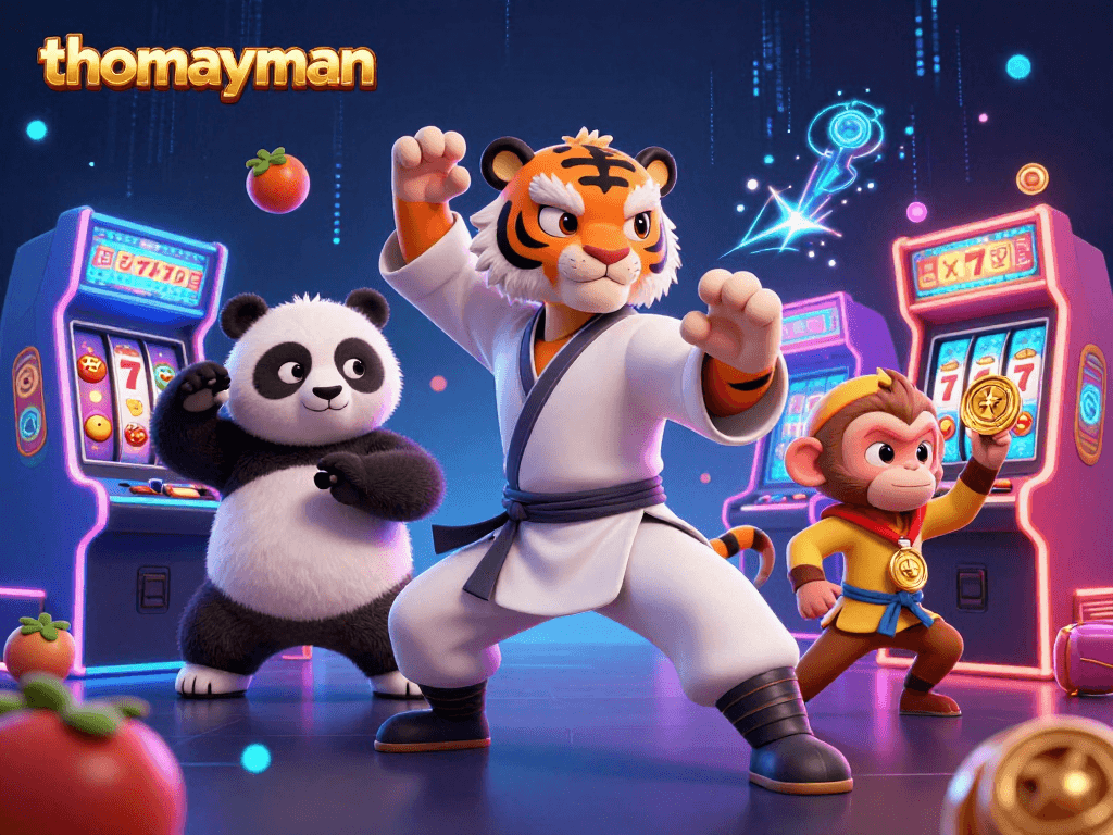 Spin the reels with thomayman in an exciting 3D scene of vibrant slot machines and animated characters.