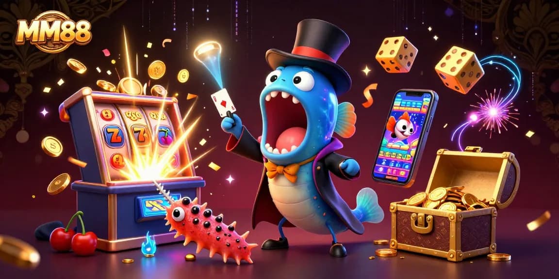 Experience the excitement of MM88 with vibrant slot game visuals and unique characters in a magical scene.