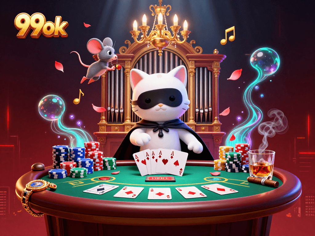 Engage with 99ok at an ornate casino with acrobatic characters and vibrant poker elements.