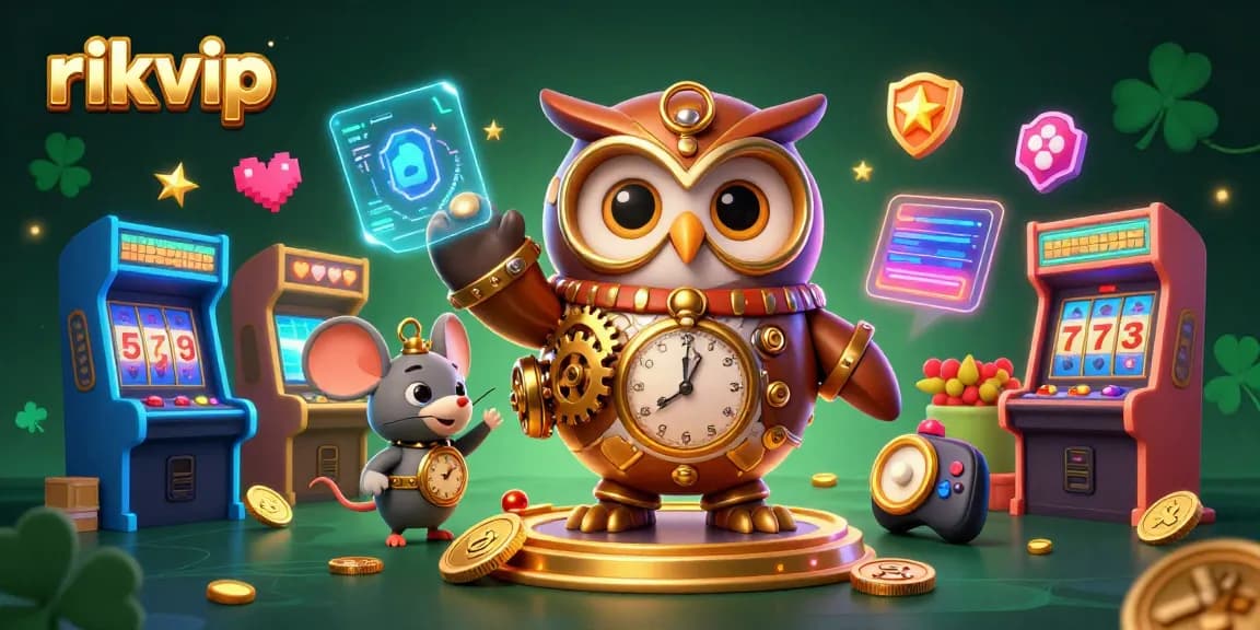 Experience thrilling gameplay at rikvip with vibrant casino elements, time-traveler owl, and rich arcade graphics.