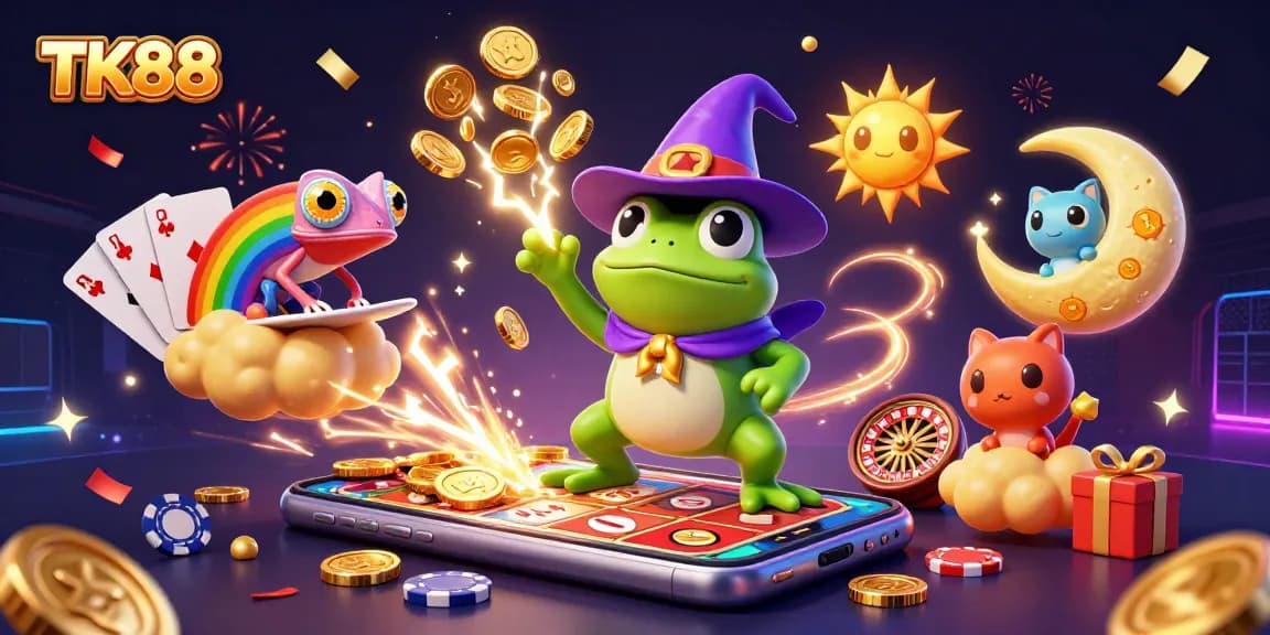 Win big with TK88, featuring a weather wizard frog and chameleon in a vibrant casino scene.