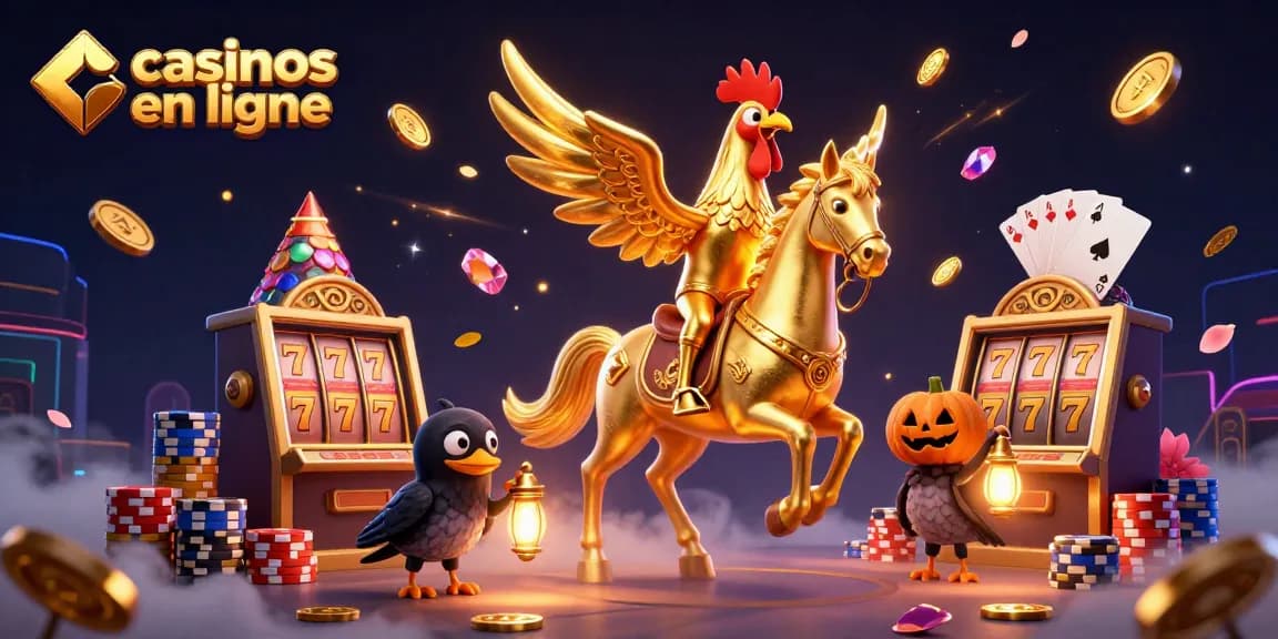 Profitez des jeux dans les casinos en ligne avec un coq doré et des compagnons mystérieux illuminant l'aventure.