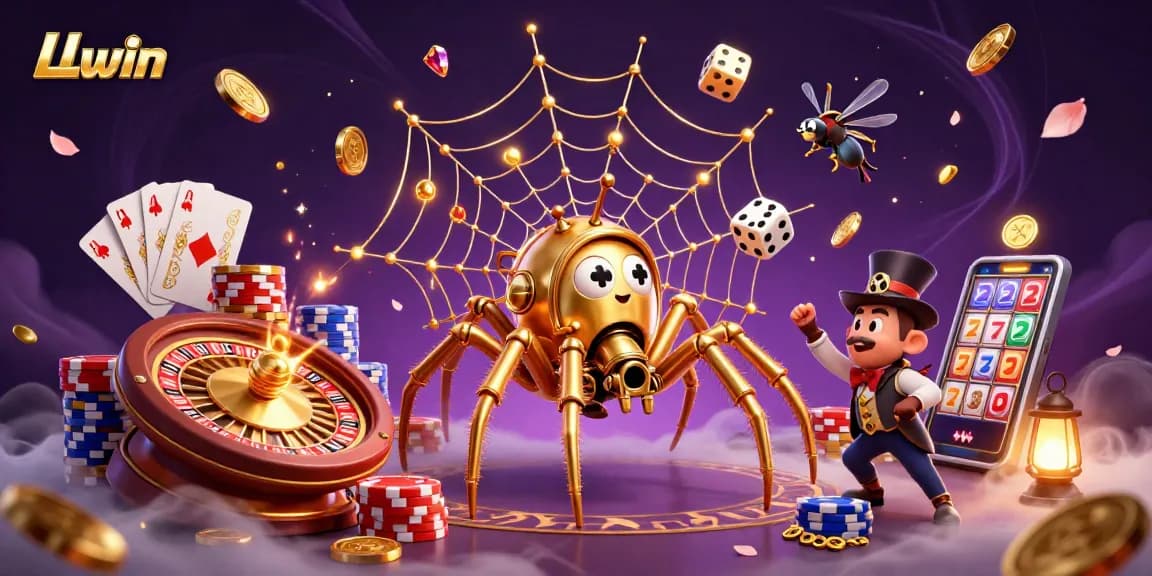 LLwin captivates players with steampunk-themed casino elements, showcasing golden spider and playful fly in a vibrant scene.