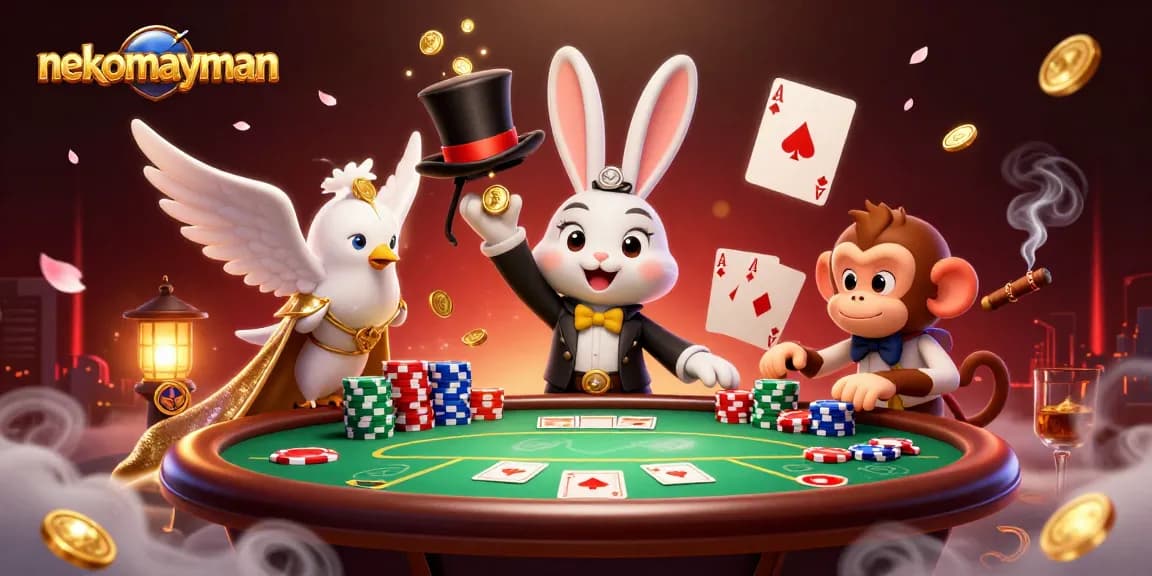 Experience the thrill of nekomayman with a whimsical scene of a magician rabbit, dove, and monkey in a casino environment.