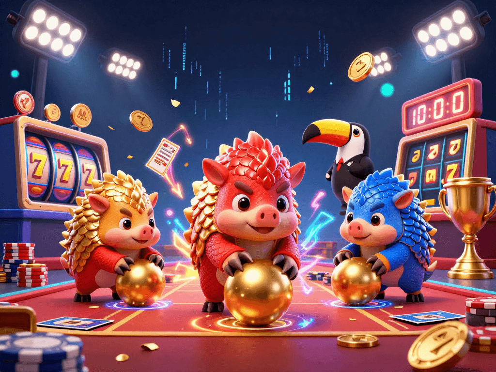 Win big with duongmatchuoc as playful pangolins roll into golden balls surrounded by vibrant gambling elements.