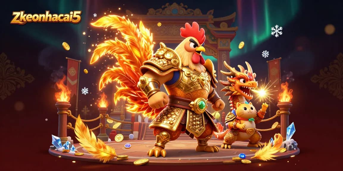 Engage with zkeonhacai5 through energetic casino battles featuring a fierce rooster warrior and dragon hatchling.