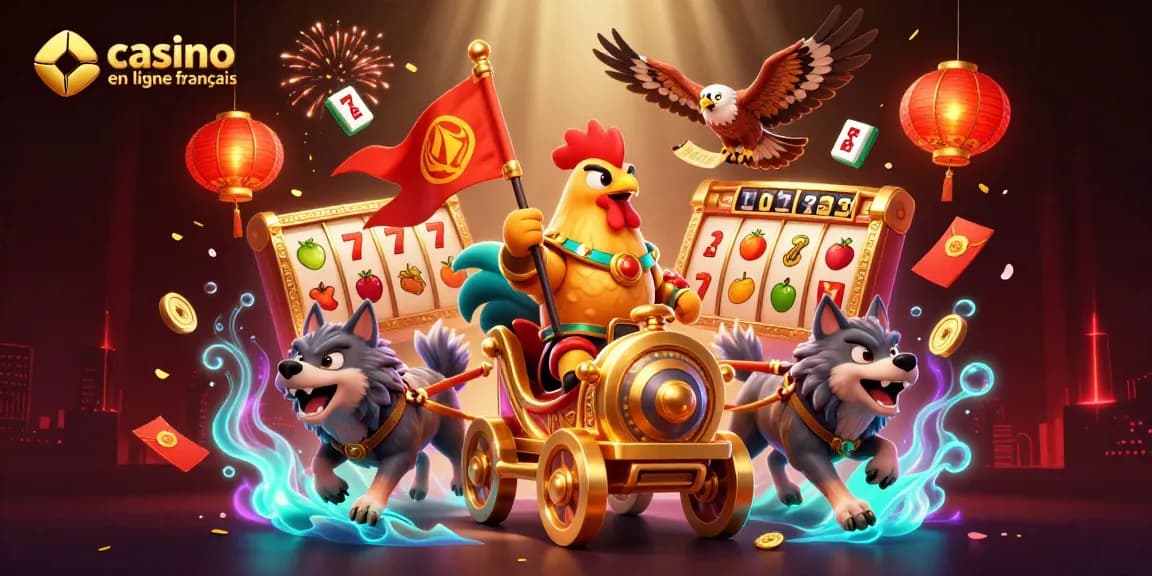 Jouer sur casino en ligne français avec un roi coq guerrier et son char d'or entouré de symboles de fortune.