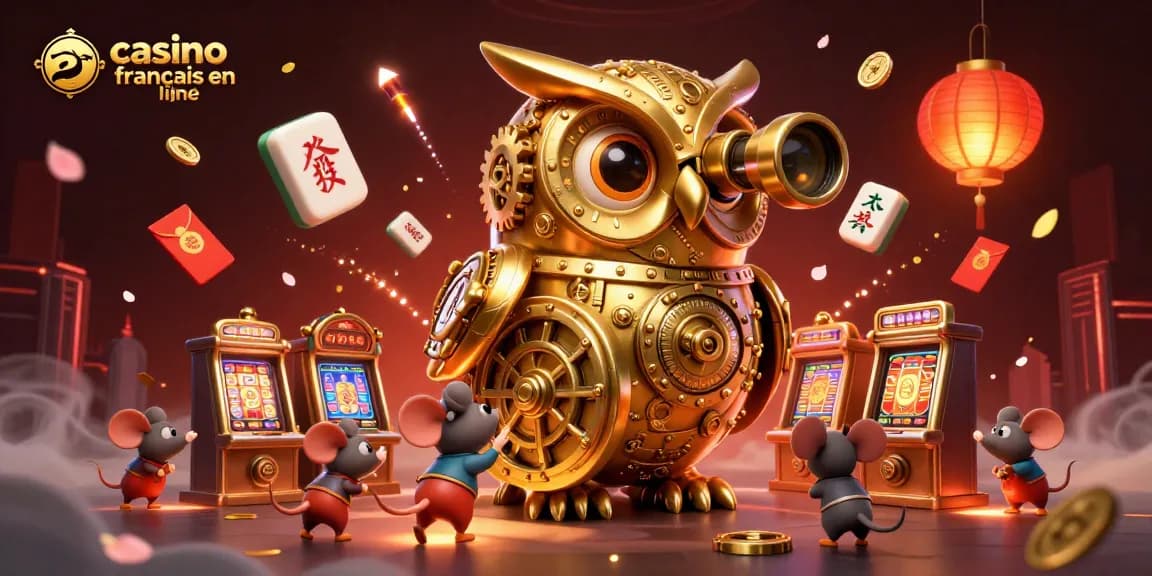 Visitez le casino français en ligne et admirez l'illustration vivante avec une chouette dorée et des machines à sous animées.