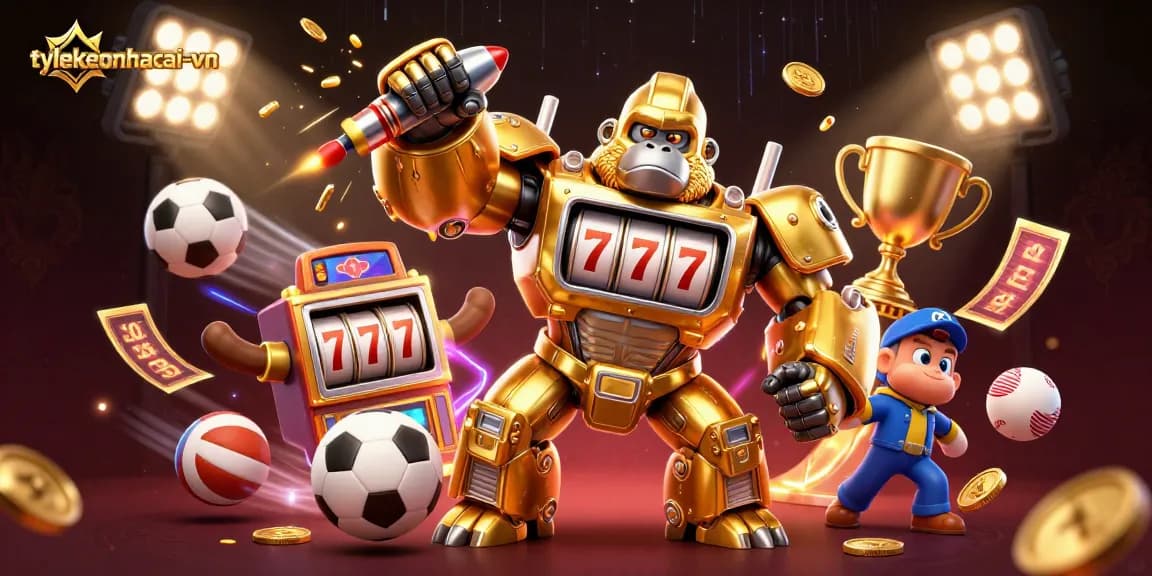 Experience dynamic gameplay with tylekeonhacai-vn's golden mech and sports-themed elements.