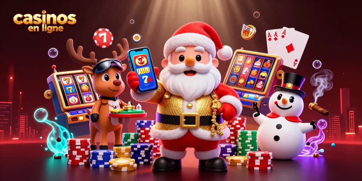 Jouez à des jeux de casinos en ligne avec un Santa Claus jovial, un renne et un bonhomme de neige dans un décor animé.