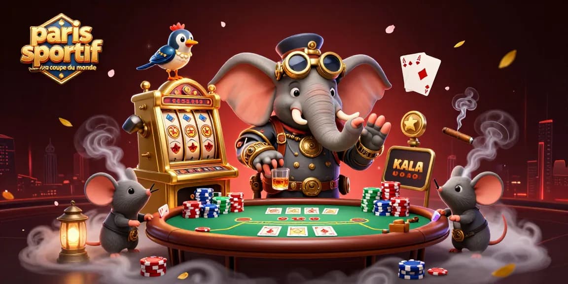 Le bonus paris sportif coupe du monde est de mise avec ce pachyderme steampunk jouant aux machines à sous dans une scène animée.
