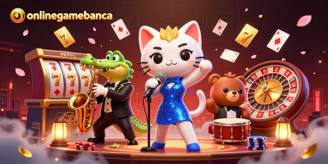 Engage with the excitement of onlinegamebanca as characters perform amidst vibrant slot reels and casino elements.