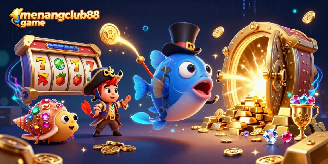 Play and win big at menangclub88 game featuring an animated anglerfish, shrimp, and snail amidst casino treasures.