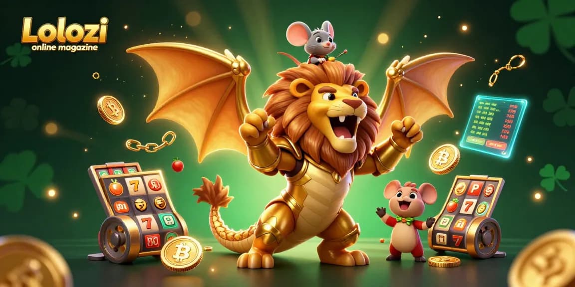 Lolozi online magazine features a triumphant chimera and mouse jockey among golden coins and vibrant slot symbols.