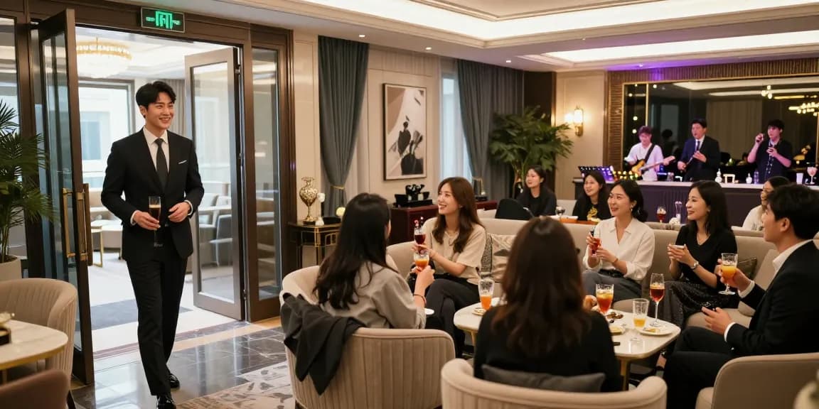 강남 구구단에서 고급스러운 룸과 매니저가 손님을 맞이하는 모습