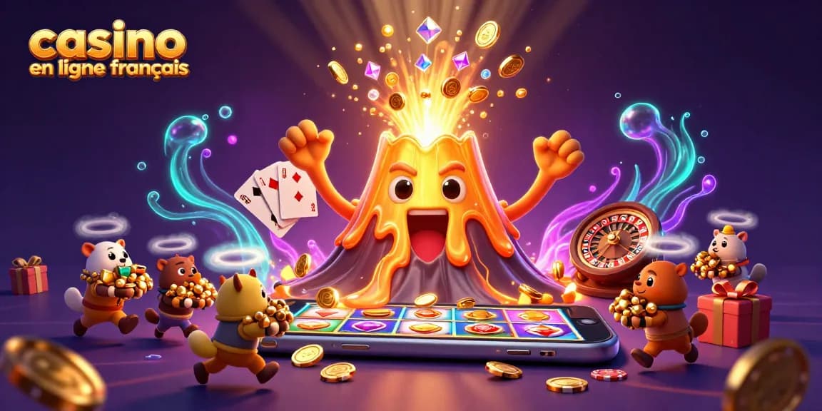 Jouer au casino en ligne français avec des personnages de jeux animés entourés de trésors scintillants et d'effets de lumière.