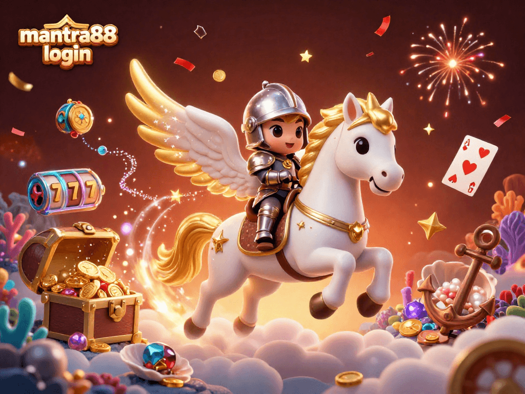 Experience the excitement of mantra88 login with a celestial knight amidst casino treasures and gaming magic.