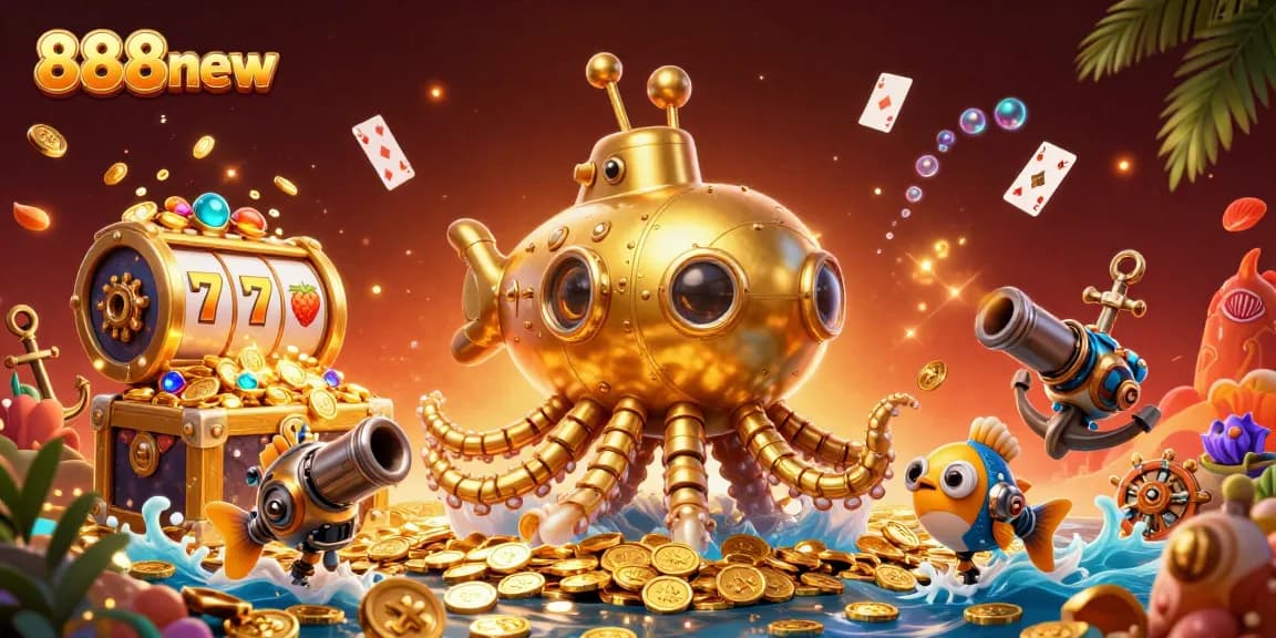 Immerse in the excitement of winning at 888new with this vibrant 3D casino scene showcasing a kraken submarine and glowing slot reels.