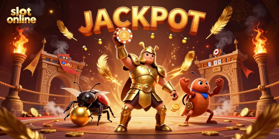 Crown your slot online victory with a 3D cartoon hercules beetle celebrating a jackpot.