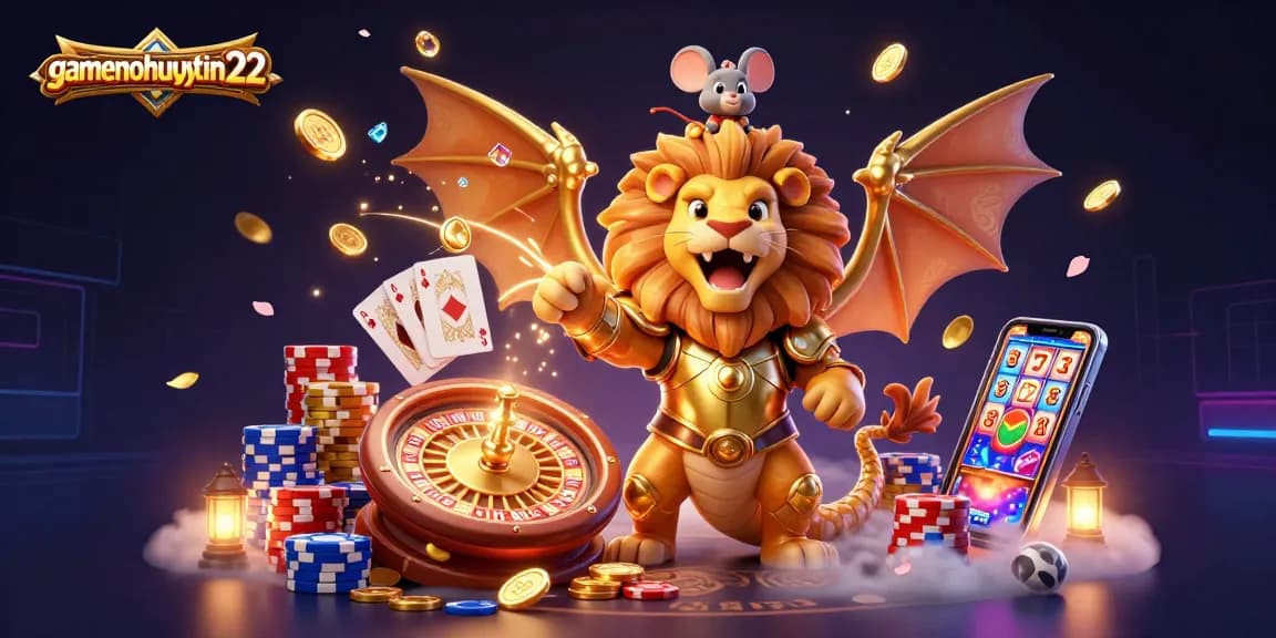 Experience the thrill of gaming with gamenohuuytin22 in this dynamic 3D casino illustration featuring rich, golden elements.