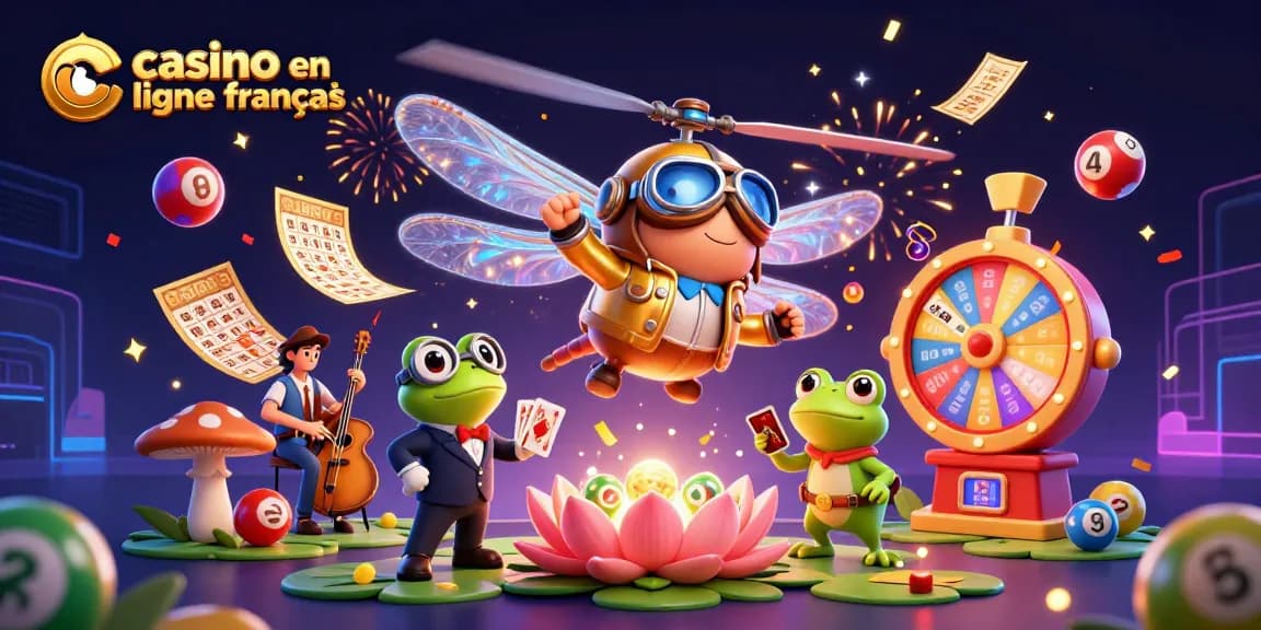 Les jeux du casino en ligne français illustrés par un pilote libellule et un croupier grenouille.
