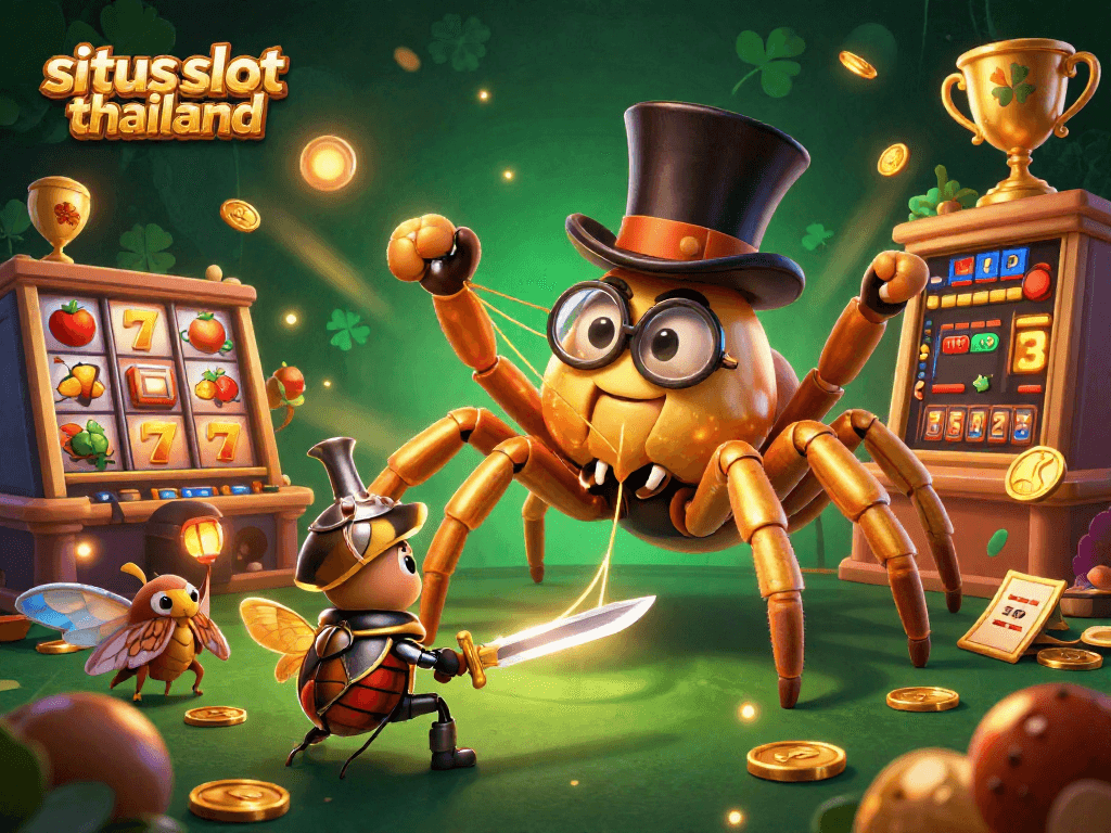 situs slot thailand showcases a lively casino scene with a giant golden tarantula and a brave beetle knight.