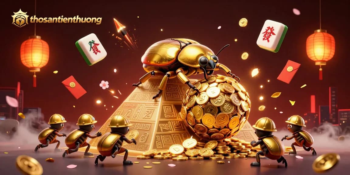 Engage with thosantienthuong as golden beetles roll coins in a vibrant casino world filled with symbols and lights.