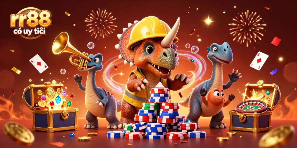 Engage with rr88 có uy tín while enjoying a dynamic 3D casino scene filled with cheerful gaming elements.