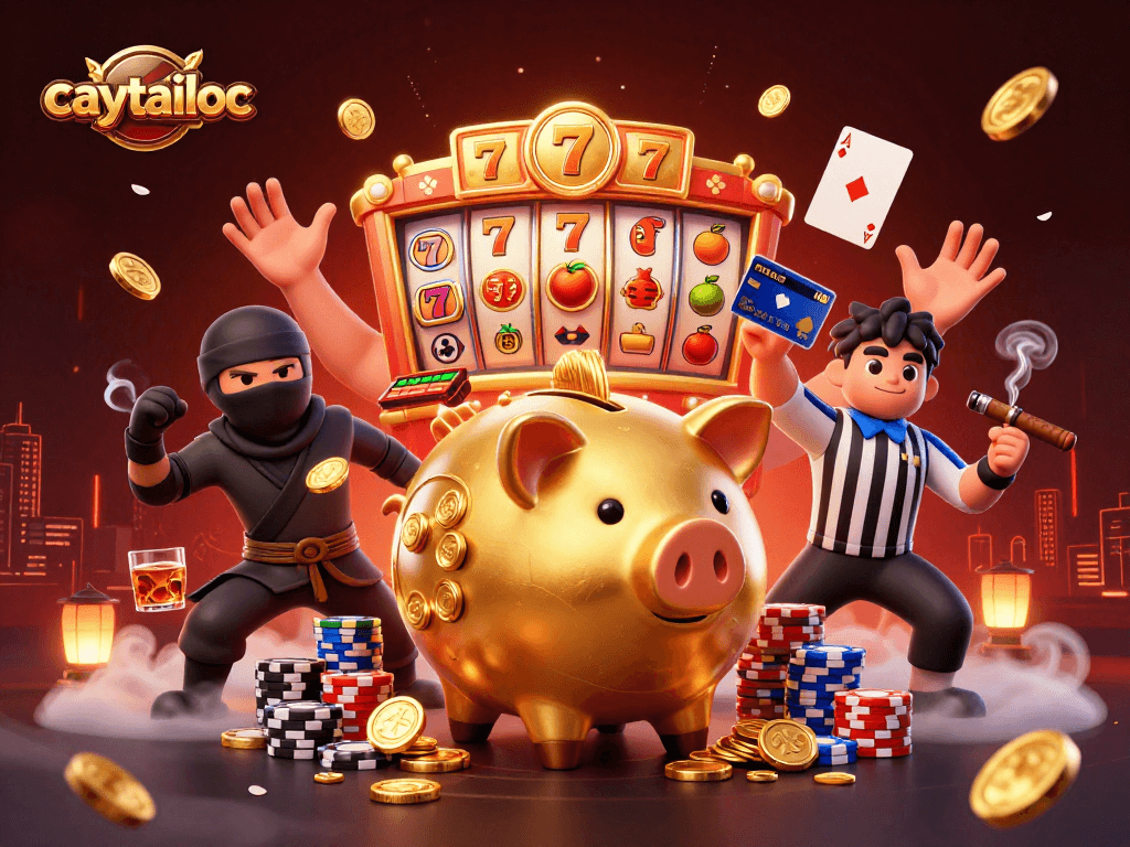 Caytailoc showcases treasure as a sumo wrestler piggy bank stomps coins for jackpot wins in a casino scene.