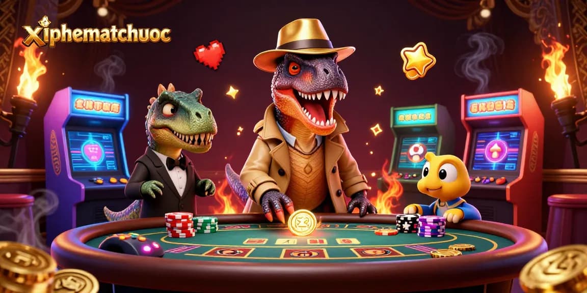 Engage in gameplay with xiphematchuoc, featuring a cartoon velociraptor at the blackjack table amidst vibrant casino action.