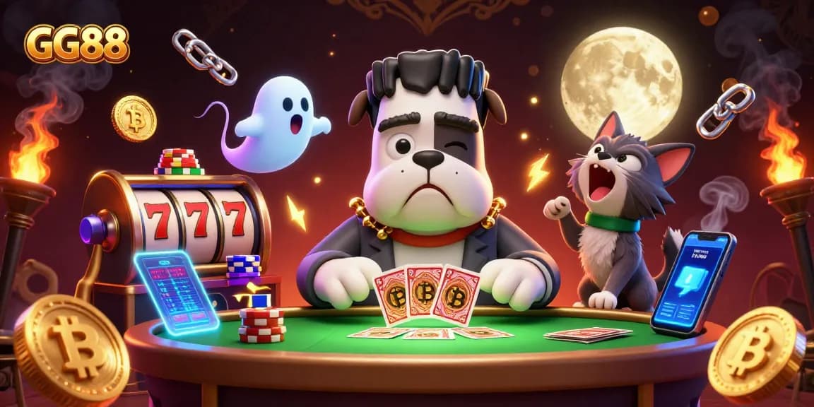 Experience the thrill of GG88 casino with a lively 3D scene featuring a Frankenstein bulldog dealer, showcasing excitement and playfulness.