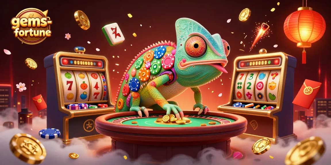 Experience gems-fortune with a colorful 3D chameleon casino owner and dynamic game elements.