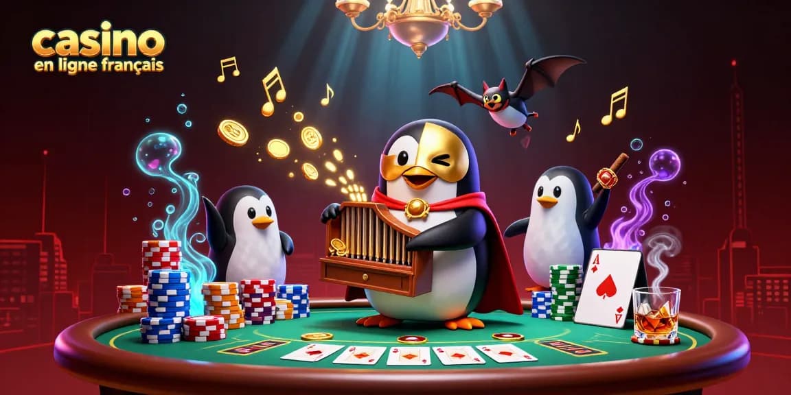 Illustration dynamique représentant un casino en ligne français avec un pingouin et un acrobate.