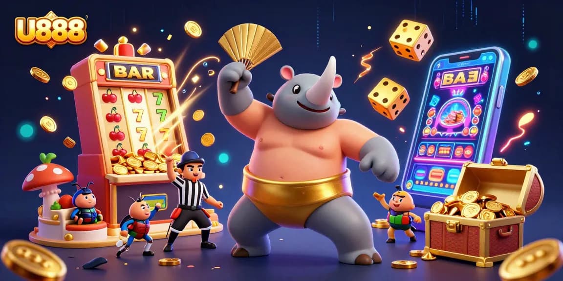 U888 presents a thrilling casino atmosphere with a beetle champion winning coins amid a jackpot explosion.