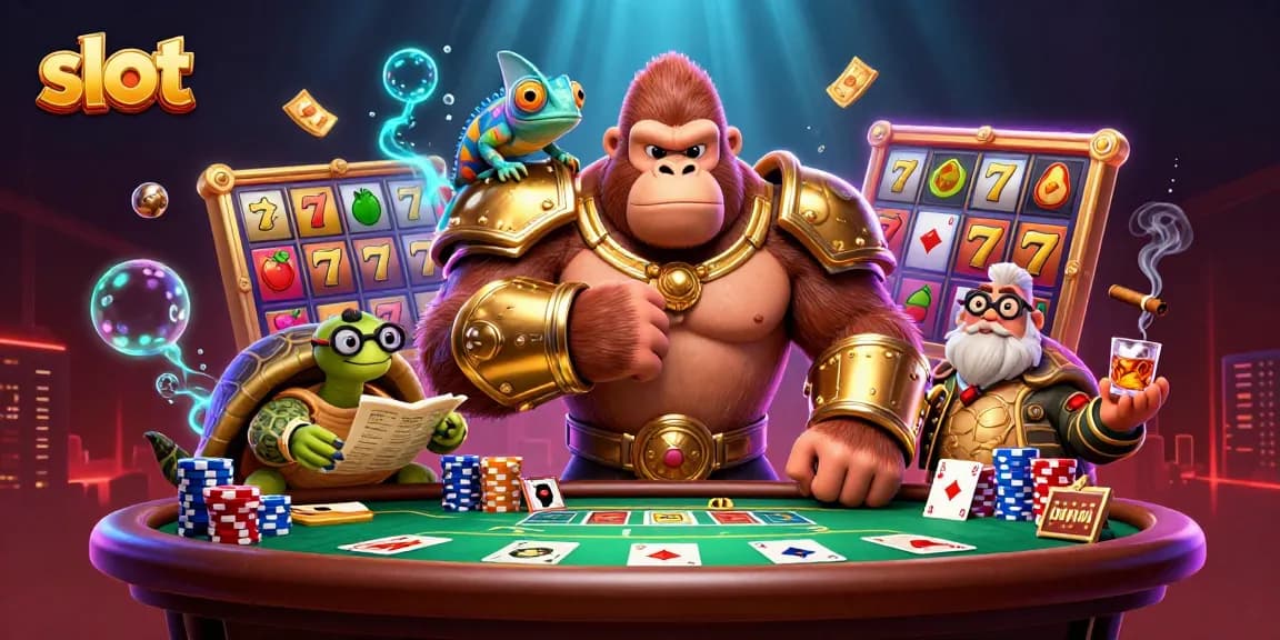 Slot gacor menarik dengan karakter kartun raja gorila 3D dan simbol buah, jackpot, serta dadu