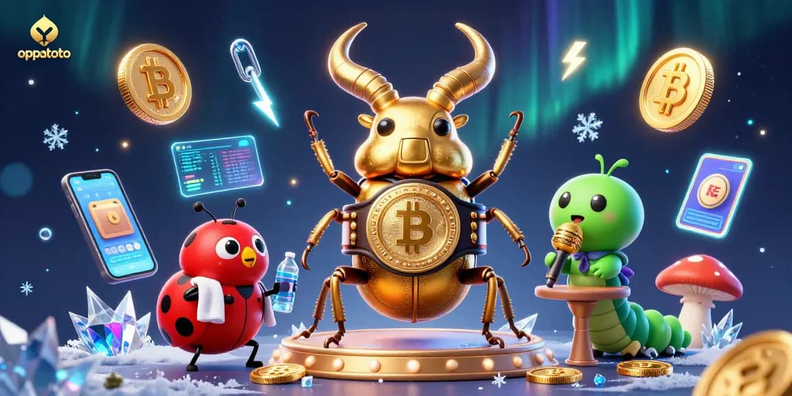 Oppatoto presents a vibrant 3D gaming scene with a giant beetle and crypto elements showcasing engaging gambling fun.