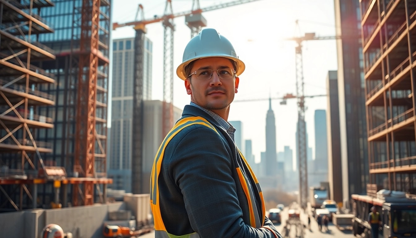 Manhattan Construction Manager directing a bustling construction site in New York City.