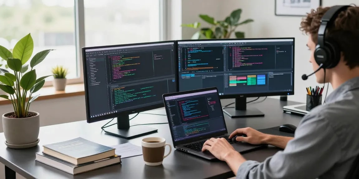Developer coding with cika4d on multiple screens in a modern workspace