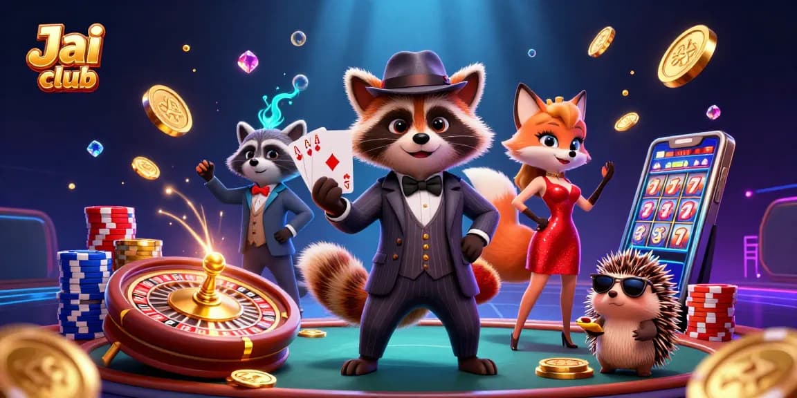 Join the fun at Jai club with a suave raccoon, a fox lady, and thrilling casino elements.