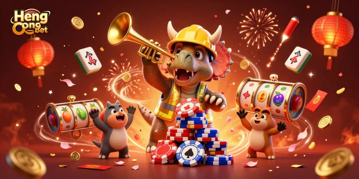 Join the celebration at Heng Ong Bet with poker chips, slot reels, and festive characters