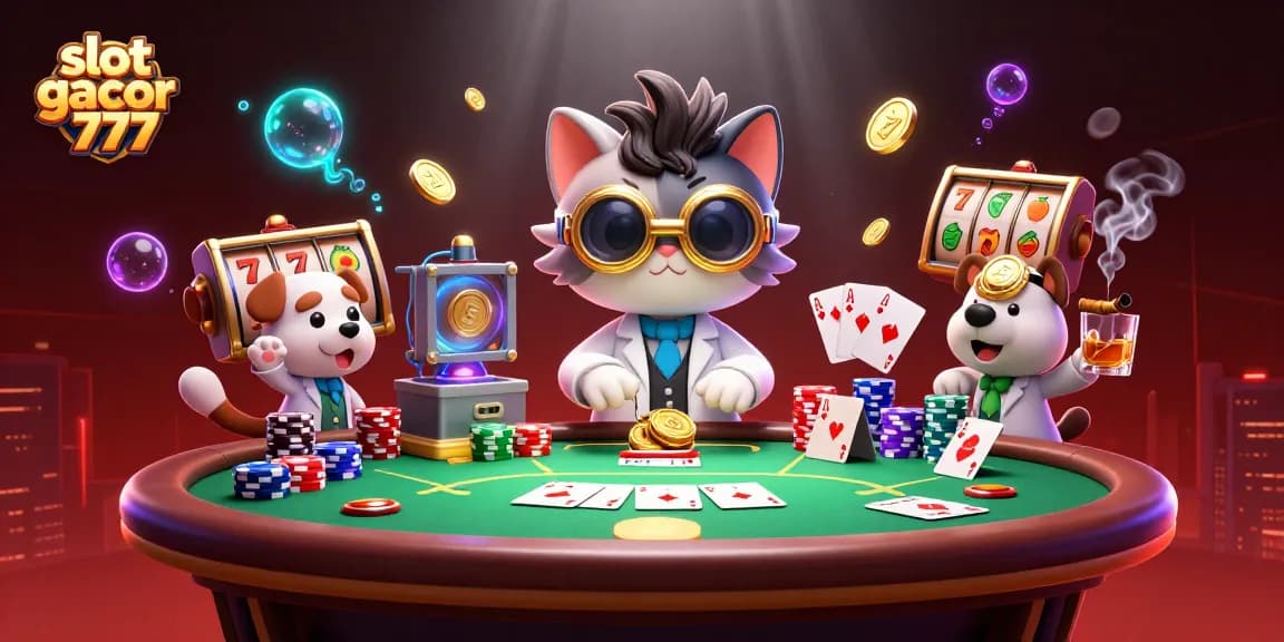 Engage with the slot gacor 777 scene filled with a cartoon mad scientist cat, poker elements, and gold coins.