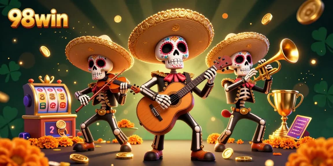 Experience the thrilling world of 98win with vibrant Day of the Dead characters and dynamic casino elements.