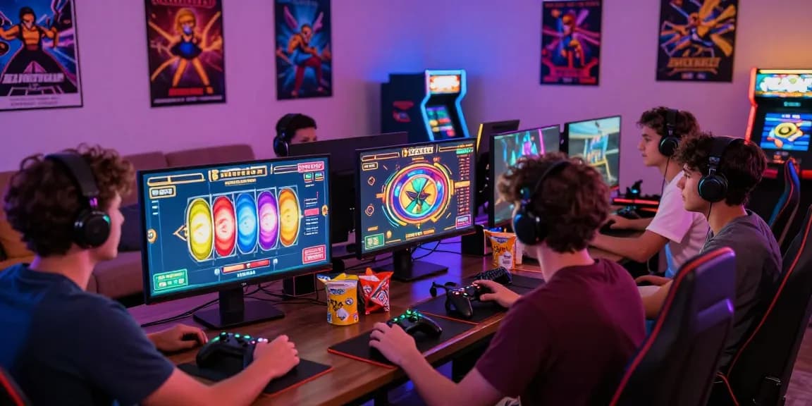 Group of friends playing เกมสล็อต in a vibrant gaming setting surrounded by colorful graphics and snacks.