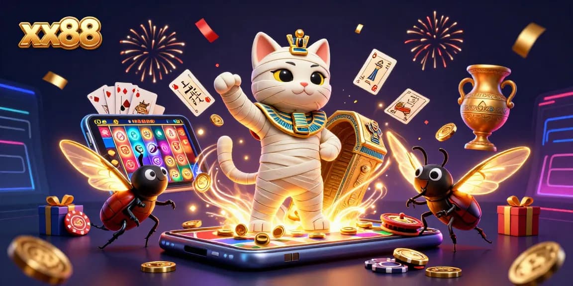 Join the excitement at xx88 with a vibrant casino scene featuring a mummy cat and a scarab beetle.