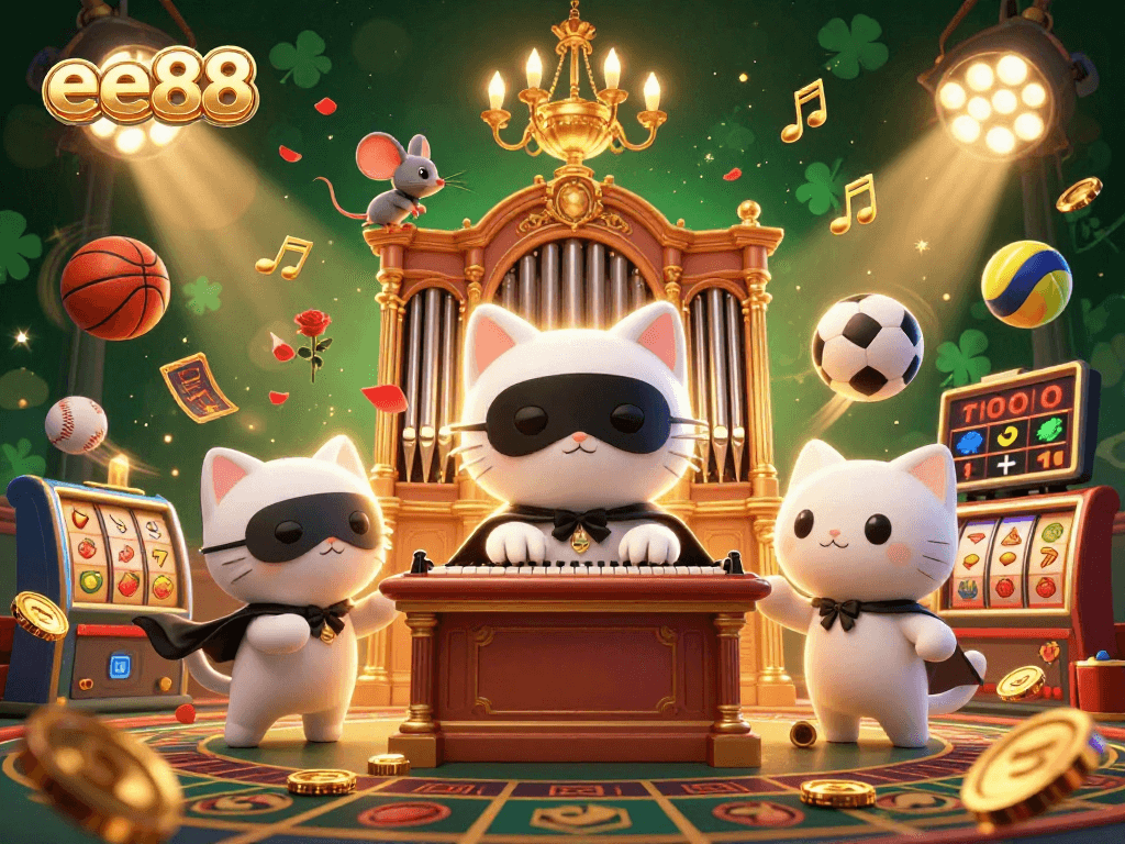 Engage with ee88's exciting casino scene featuring a phantom cat, acrobat mouse, and dynamic sports elements.