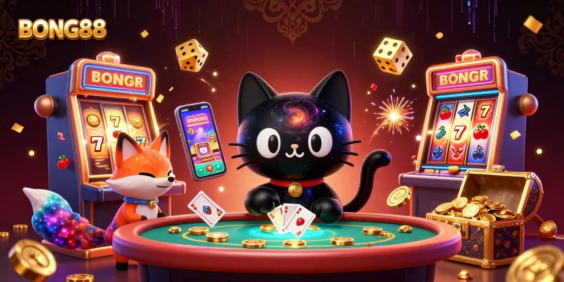 BONG88 features a cosmic casino scene with a black hole cat and colorful companions capturing golden winnings.